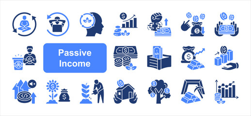 Passive income icon set with Tranquil, Freedom, Residual, Cash, Wealth, Money growth, Profit simple  vector.
