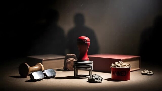 censorship stamp gavel banned tape courtroom silhouettes dramatic scene