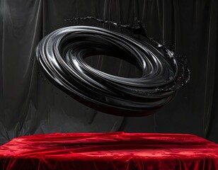 Black torus shape with black liquid splash over red velvet