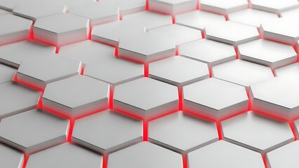 A futuristic background featuring white 3D hexagonal tiles with a vibrant red light glowing from beneath, creating a dynamic and technological abstract pattern. Ideal for modern design projects.
