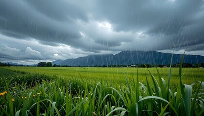 Lush Green Meadow Under Dark Clouds with Rain Falling Over Expansive Fields and Mountains in the Background