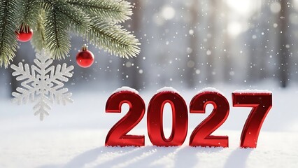 Bright red 2027 numbers stand in pristine snow under a festive pine branch with ornaments and falling snow, capturing the essence of a winter holiday and New Year celebration.