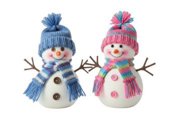 Two adorable snowman decorations wearing knitted hats and scarves