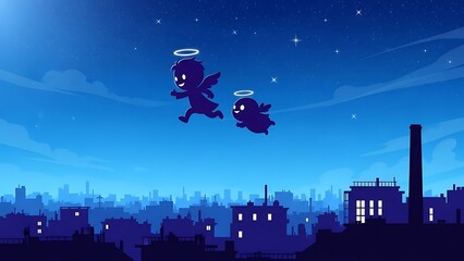 A charming vector illustration depicting two stylized angels with halos flying above a city's rooftops under a serene, star-filled blue night sky. Urban fantasy scene.