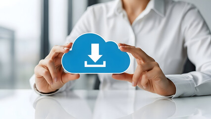 Businesswoman hands holding blue cloud computing icon with download arrow symbol for digital data storage concept