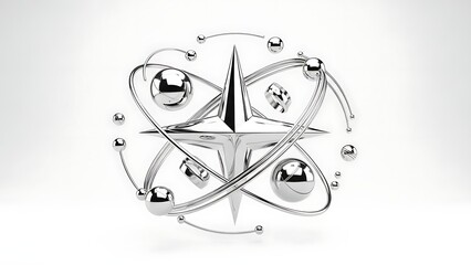 Striking 3D abstract render of a shiny chrome star surrounded by orbiting metallic spheres and rings on a pure white background. Modern, scientific, and elegant design.