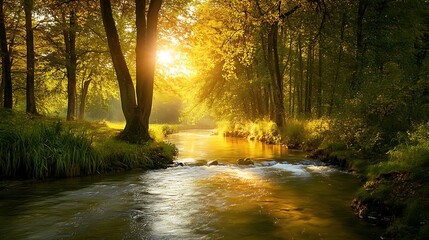 Sunlit forest scene with river flowing through trees and lush foliage