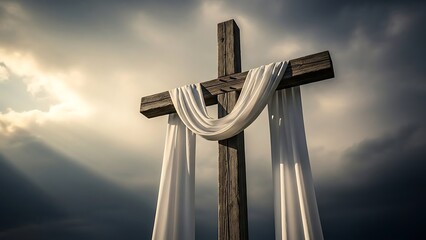 A solemn wooden cross draped with a white cloth stands against a dramatic, cloudy sky with light rays. Symbolizing hope, faith, and resurrection, ideal for religious themes and Easter.