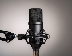 Professional studio microphone on a stand, ready for recording, against a neutral gray background, capturing high-quality sound with precision.