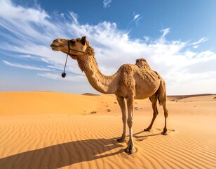 A camel stands in a vast, sandy desert under a bright, cloud-strewn sky