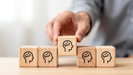 Hand placing wooden blocks with head icons