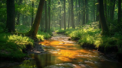 Obraz premium Sunlit forest stream flowing through lush green trees and vegetation