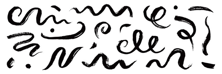 Paint brush strokes swirl, line curve, calligraphy spiral elements. Hand drawn chinese ink brush paint stroke swish, swoosh swirl doodle wavy. Grunge texture abstract line set. Vector illustration