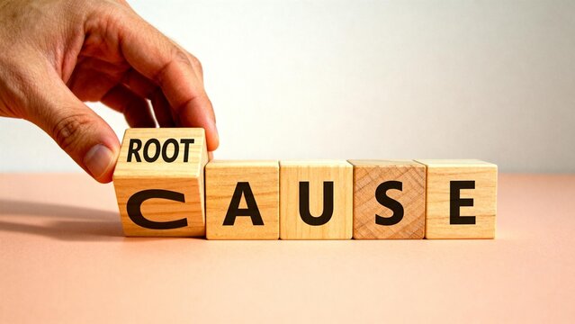 Hand arranging wooden blocks spelling root cause