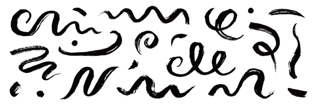 Paint brush strokes swirl, line curve, calligraphy spiral elements. Hand drawn chinese ink brush paint stroke swish, swoosh swirl doodle wavy. Grunge texture abstract line set. Vector illustration