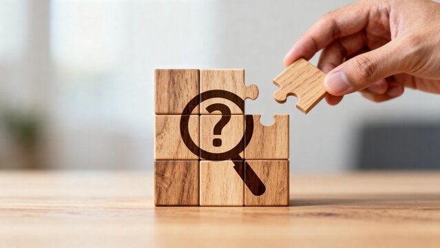 Hand placing wooden puzzle piece with magnifying glass and question mark