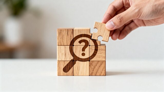 Hand placing wooden puzzle piece with question mark