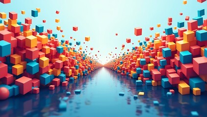 Obraz premium Large flow of abstract blocks narrowing sharply through single small gap, organizational bottleneck concept 