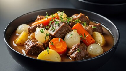 Hearty beef stew with vegetables in black bowl