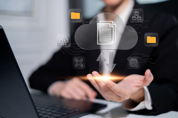 Businessman using cloud data backup storage server transfer document and file online download...
