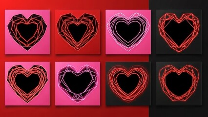 Geometric heart patterns on colorful backgrounds