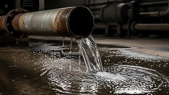 dripping water from a rusted pipe in an industrial setting with a wet floor