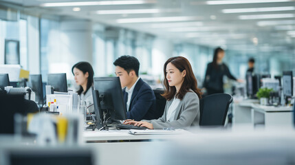 modern open office workplace, employees working at computers, professional office work environment
