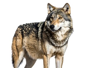 Fototapeta premium A regal wolf stands, looking to the side with alert, piercing gaze