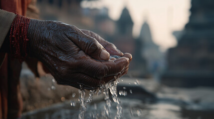 Elderly hands releasing water during Makar Mela in Nepal, a spiritual ritual at dawn