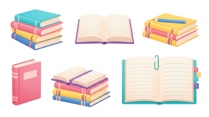 Collection of colorful books isolated on transparent background
