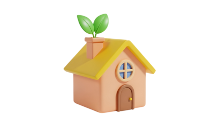 3d cartoon house with plant on roof isolated on transparent background