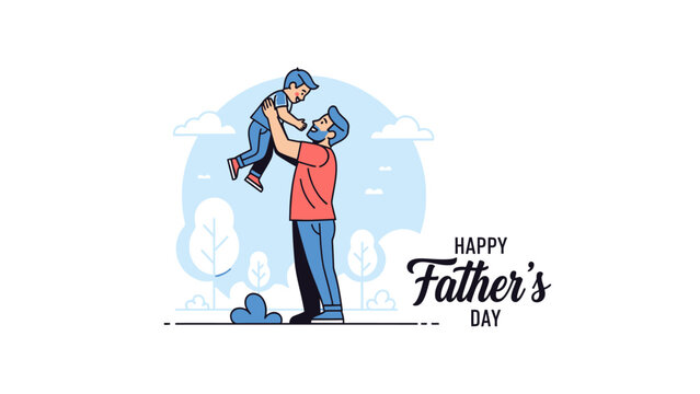 A father joyfully lifts his son in the air, celebrating Father's Day with a warm embrace and a backdrop of stylized trees.