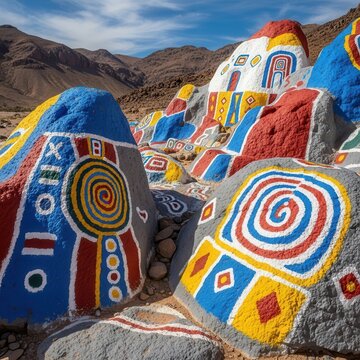 Vibrant Painted Rocks Landscape Artistic Expressions in Mountain Scenery Morocco
