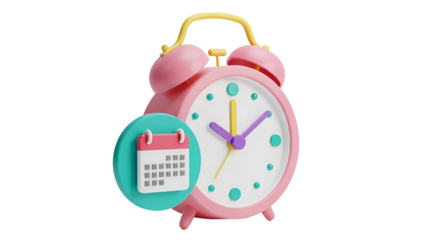 Pink alarm clock with calendar icon isolated on transparent background - Powered by Adobe