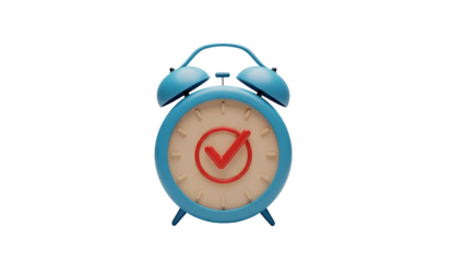 Blue alarm clock with check mark isolated on transparent background