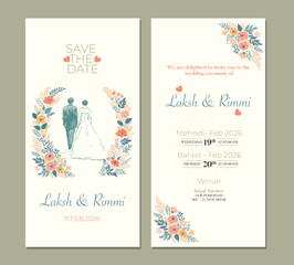 Elegant Floral Wedding Invitation Card with Couple Illustration