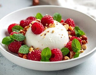 Close-up of a delightful dessert with berries and nuts