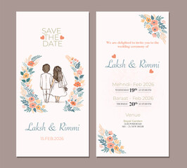 Elegant Floral Wedding Invitation Card with Couple Illustration