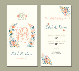 Elegant Floral Wedding Invitation Card with Couple Illustration