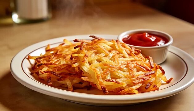 Crispy golden hash browns served with tangy ketchup, a breakfast favorite photo. breakfast, potatoes, food.