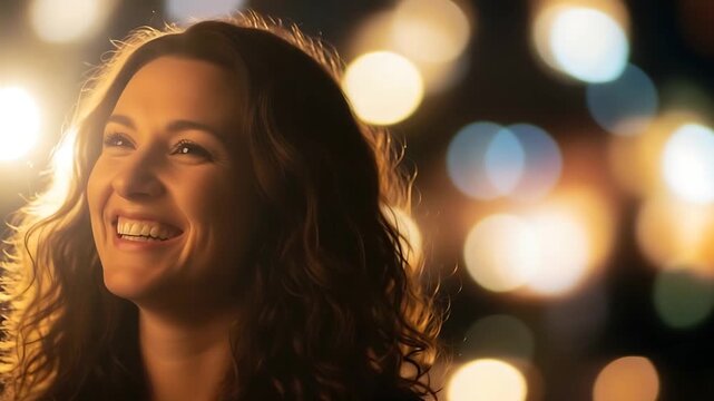 joyful woman portrait at night city lights with warm bokeh glow