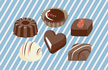 6個のひとくちサイズチョコレートのイラスト ブルーストライプ背景