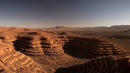 Mars with layered rock formations shaped by ancient water flow
