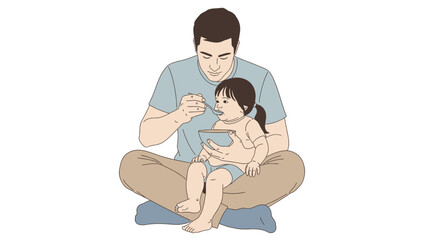 Obraz premium A father is sitting on the floor and feeding his young daughter with a spoon from a bowl.
