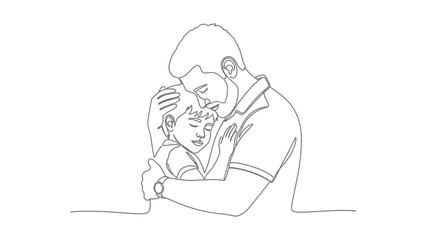 A tender one-line drawing captures a father embracing his sleeping child, conveying a moment of deep love and security.