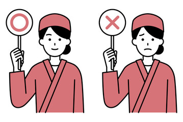 ○&times;マークを掲げる和食屋の女性店員