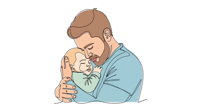 A tender moment captured in a single line drawing of a father holding his sleeping baby close.