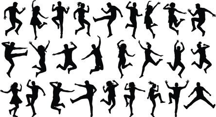Silhouettes of people jumping and dancing, black figures, expressive movement, dynamic poses, body gesture grid, white background, choreography, motion study, artistic design