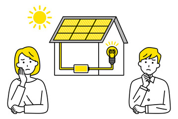 ソーラーパネルによる太陽光発電の家を検討する若い夫婦