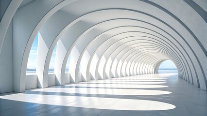 a long bright hallway with a series of repeating white arches leading towards a distant sunlit ocean view creating depth
